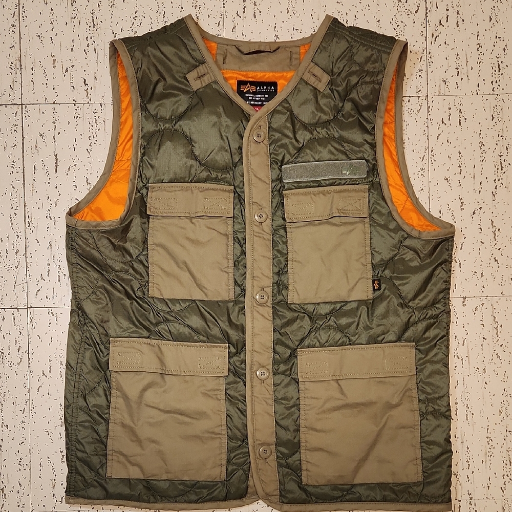 Alpha Industries Green Button Down Lightweight Tactical Vest with Orange Lining